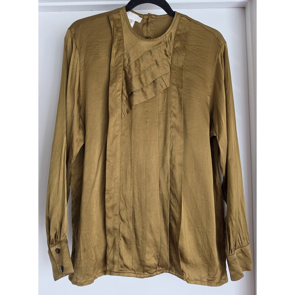 Escada Blouse Size S Green Gold Silk Long Sleeve Made in Germany Women's Luxury